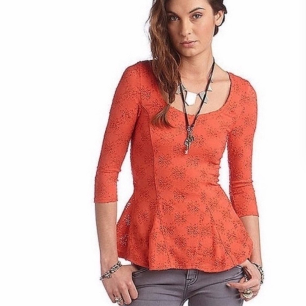 Free People Bohemian Daisy Lace Semi Sheer Peplum Tunic Top Size Small